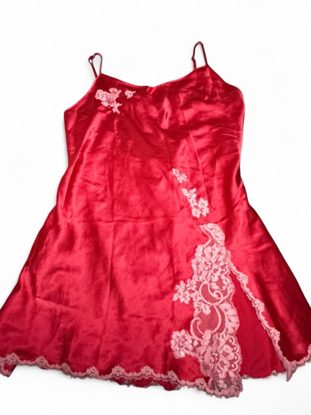 Vintage Victoria Secret 2005 Red Slip Dress With Pink Lace and Lace Trim Slit